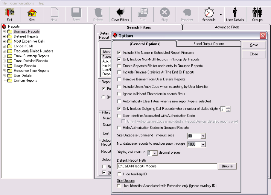 CallBill Reports Module ➤ File ➤ Options ➤ General Options