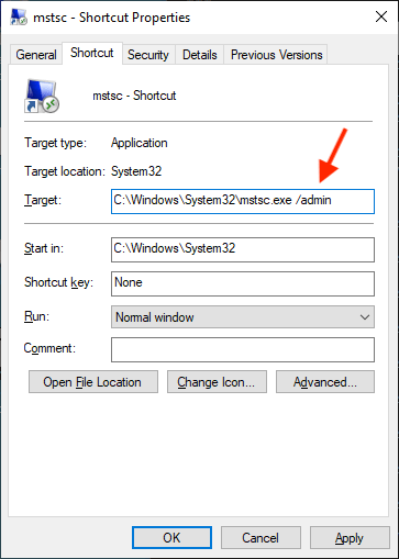 RDC properties admin switch